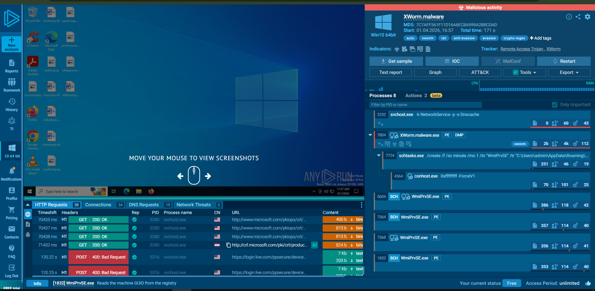 Full ANY.RUN sandbox session showing the XWorm.malware.exe execution environment. The process tree shows PID 7804 (XWorm.malware.exe) spawning schtasks.exe (PID 7724), conhost.exe (PID 4564), and multiple WmiPrvSE.exe instances (PIDs 5604, 7564, 7568, 1832). HTTP requests panel shows connections to microsoft.com and login.live.com. Tags include: auto, xworm, rat, anti-evasion, evasion, crypto-regex. Tracker identifies the sample as Remote Access Trojan: XWorm.
